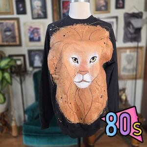Fresh Paint Sweatshirt Hand Painted Vintage 80s Lion Signed Black Pullover L